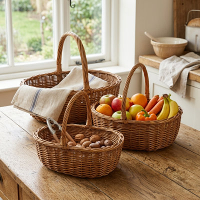 Kulova Set of 3 Oval Willow Carrying Baskets with Handles and Nesting Design for Home Décor
