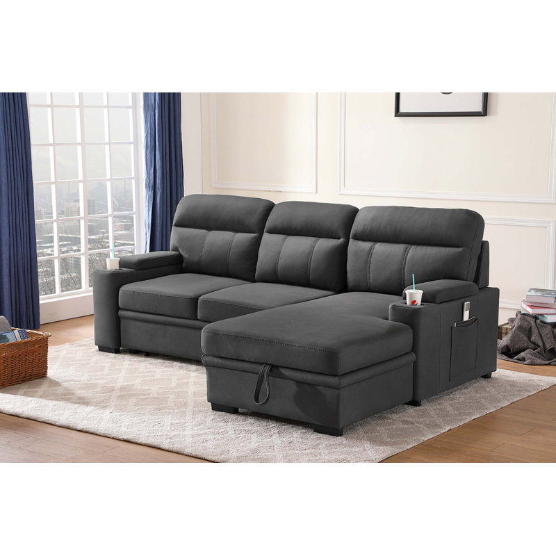 Canapé-lit modulaire en tissu avec accoudoirs et porte-gobelet Kaden, Tissu gris