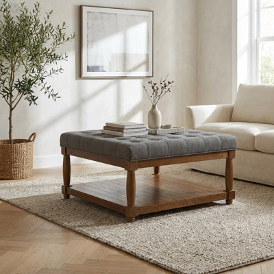 Large Square Upholstered Tufted Linen Ottoman Coffee Table with Solid Wood Shelf and Footrest Functionality
