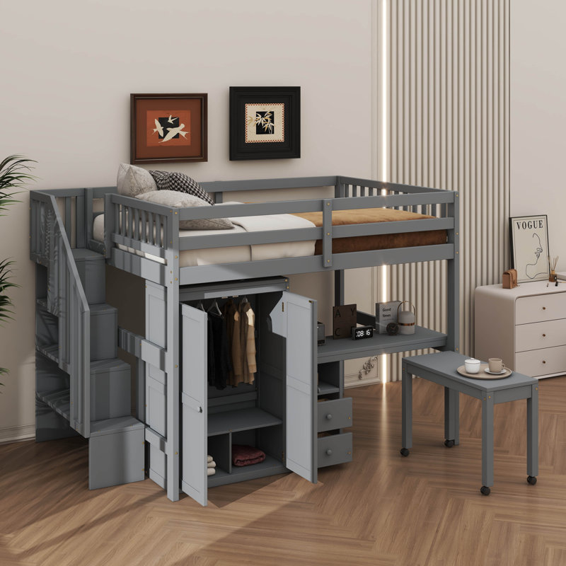 All-Inclusive Loft Bed With Integrated Staircase Bookshelf Drawers Workspace And Wardrobe Ideal Multifunctional Solution