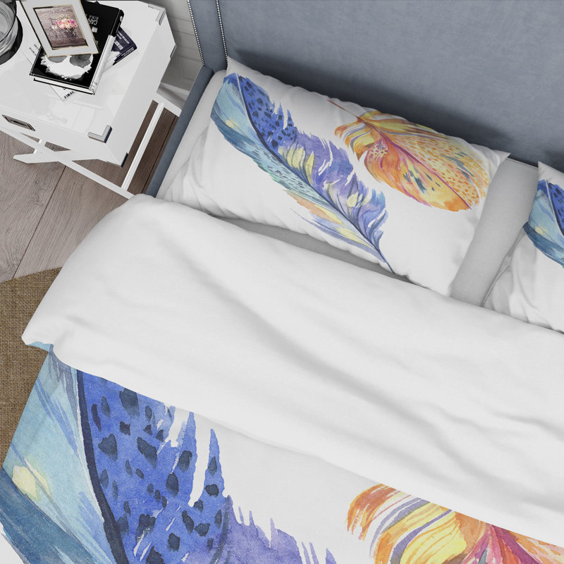 Ensemble de housse de couette bohème et éclectique coloré en plumes d'oiseaux colorés - microfibre de polyester
