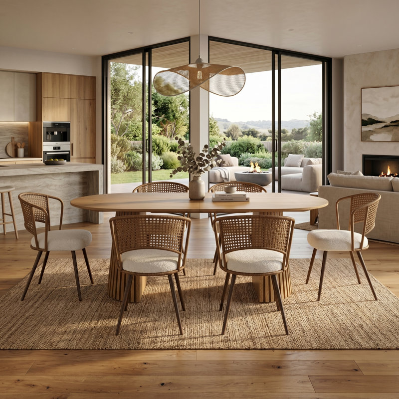 7-Piece Extendable Oval Dining Table Set With 6 Rattan Cane Back Upholstered Chairs, Walnut