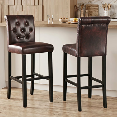  Alayna 28.5" H Mid-century Modern PU Leather Upholsted Wood Bar Stool with Low Back