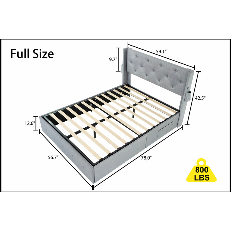 Base de lit plateforme avec rangement à gaz, ports USB et tête de lit à oreilles capitonnée pour les chambres à coucher modernes