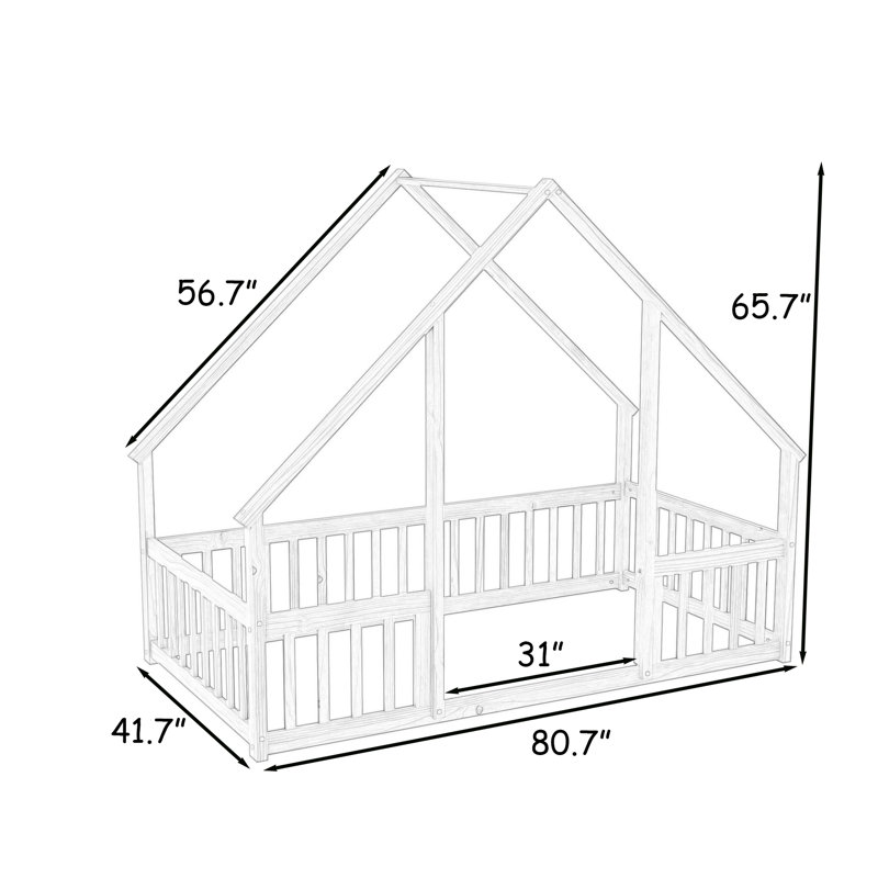 Wooden Floor Bed With House-Shaped And Guardrails, Twin, Natural