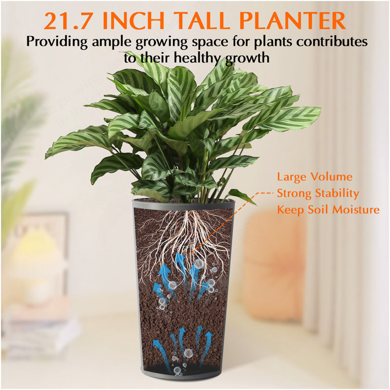 2 Pack Tall 21.7 In Planters For Outdoor Plants Modern Tall Square Planter Box Indoor Outdoor Porch Patio Flower Pot Modern Big Tapered Matte Tree Flower Pot For Garden, (Grey)