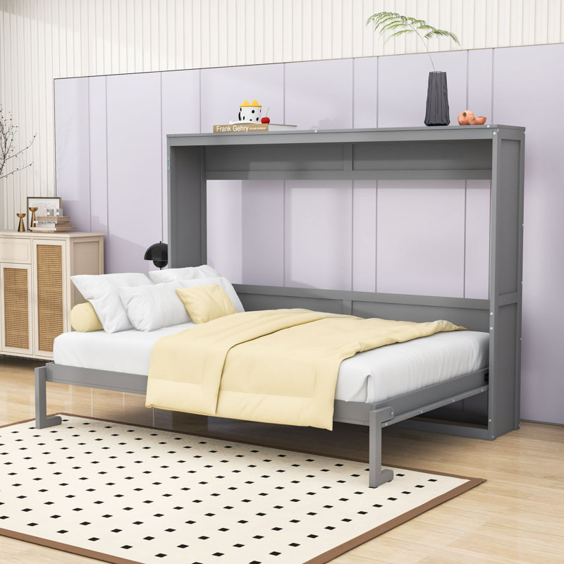 Lit escamotable en bois avec mécanisme de pliage à double piston, Gris, Double