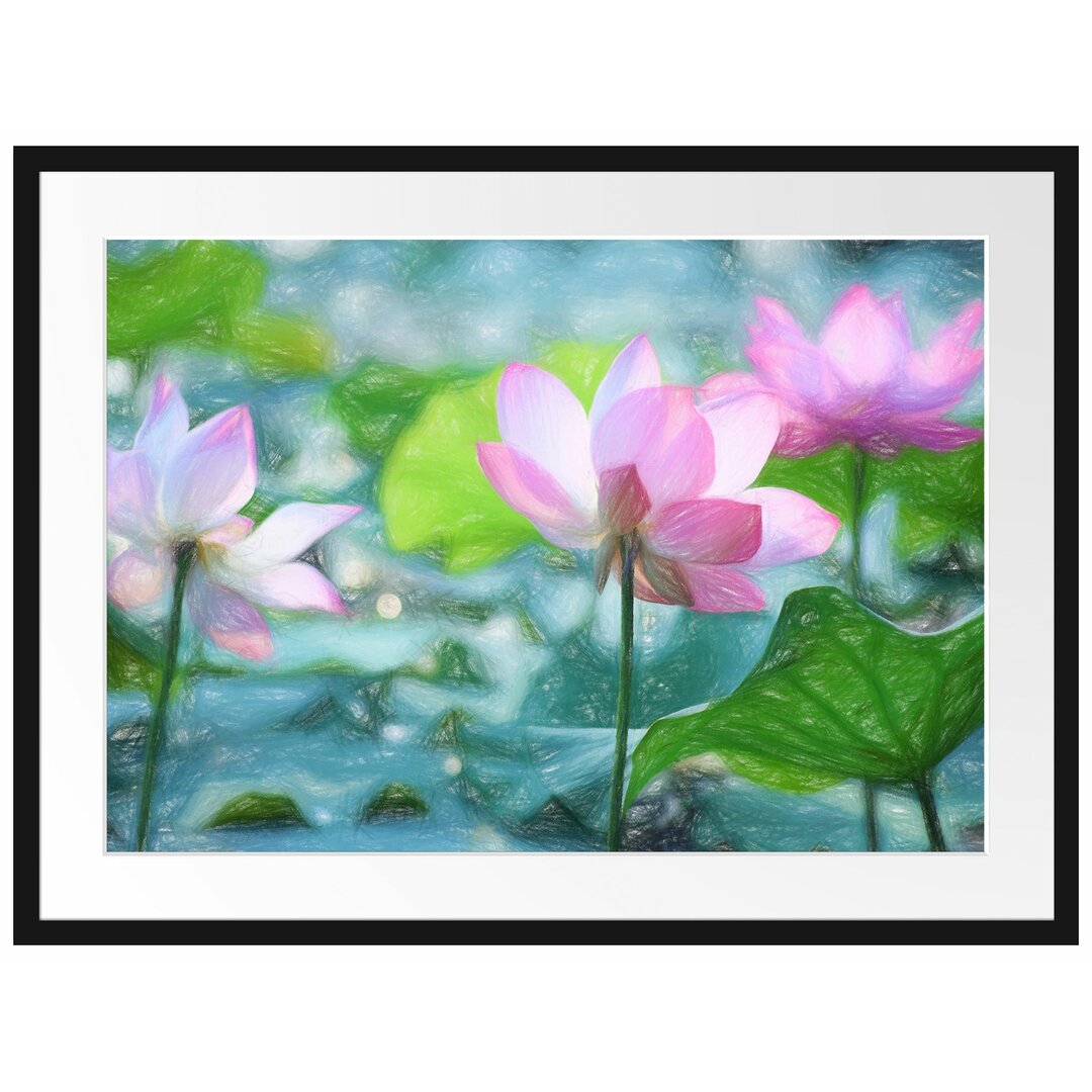 Gerahmtes Poster Asiatische Lotusblüte im Teich