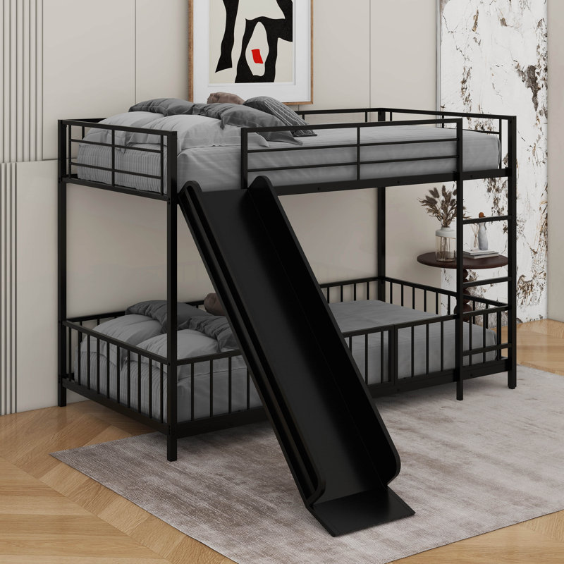  Lit superposé en métal avec glissière et garde-corps, Simple sur simple, Noir