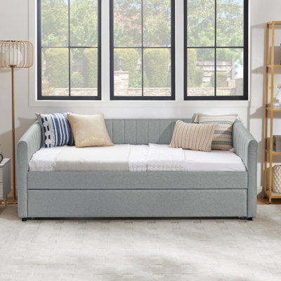 Daybed With Trundle Upholstered Sofa Bed, With Vertical Stripes, Linen Fabric, (82.5"X58"X30")