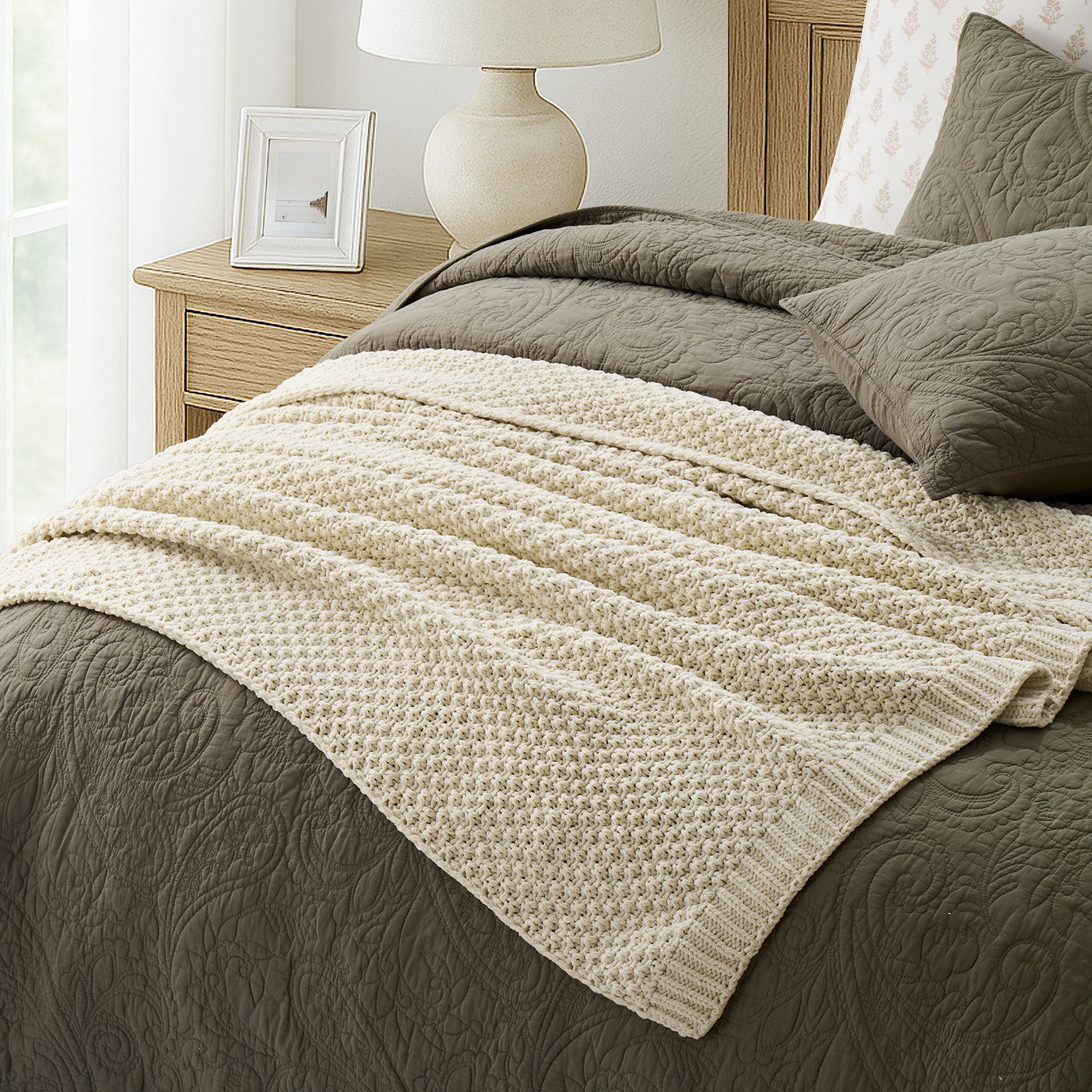 Chunky Chenille Knit Throw Blanket, Beige, 60" L x 50" W