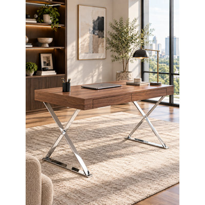 Alexa Contemporary Walnut Wood top Writing Desk with Polished Steel/Metal X-Base and 2 Storage Drawers