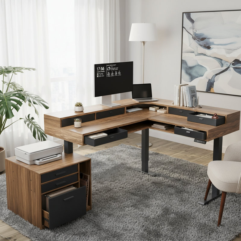 65.5" × 57.6" L-Shaped Electric Standing Desk With 6 Storage Drawers & Storage Cabinet, Dual-Level Corner Sit-Stand Desk, Power Strip Tray & Cable Management, Height Adjustable Gaming Table