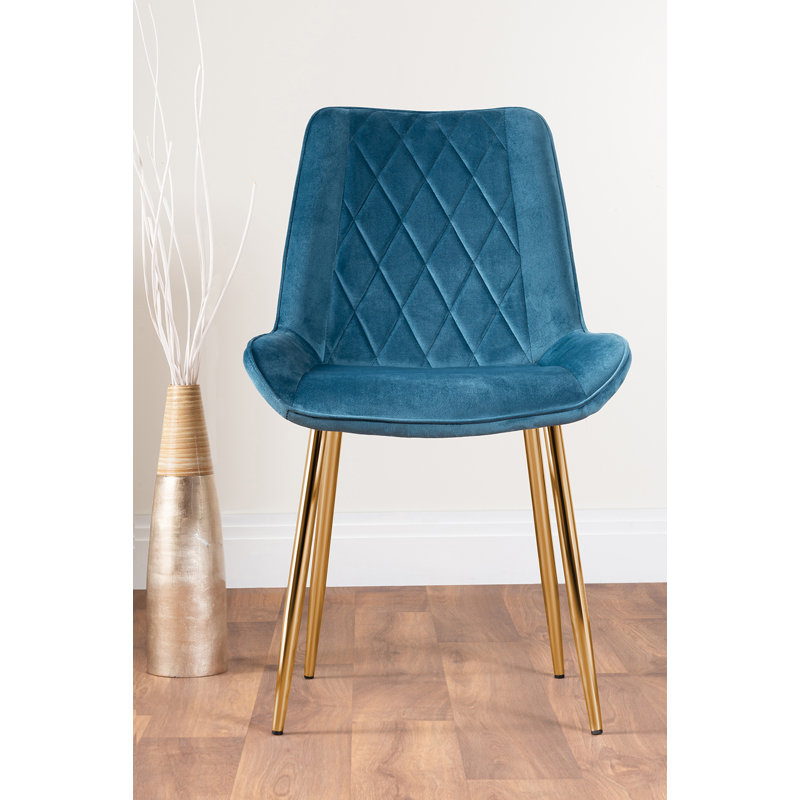 Lenworth Modern Metal and Glass Dining Table Set with 4 Velvet Upholstered Dining Chairs, Blue/Gold