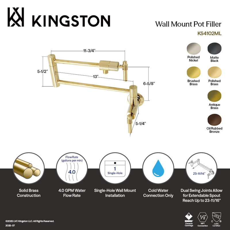 Kingston Brass Manhattan Two-Handle 1-Hole Wall Mount Pot Filler Faucet, Antique Brass, Lever Curly