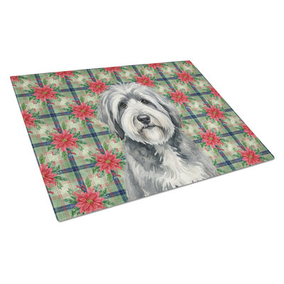 Planche à découper en verre gris et blanc Old English Sheepdog Christmas PoinsettIas