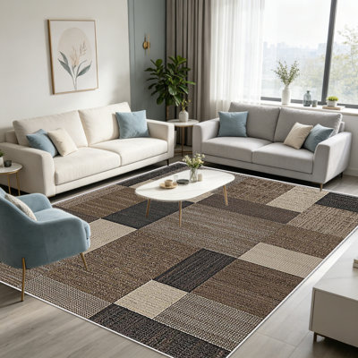 Tapis 1 pièce brun et patchwork beige, élégant tapis décoratif polyvalent, facile à nettoyer et à entretenir, pièce de mobilier idéale pour la chambre à coucher, le salon, le couloir, l'entrée, le dortoir et le bureau afin de rafraîchir l'ambiance intérieure de votre maison
