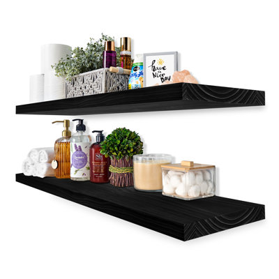  Sorbus Wood Floating Shelves for Wall - Solid Wood Wall Shelves for Bathroom Decor, Books, Bedroom & Living Room - Set of 2 Wall Mounted Kitchen Shelves - Black