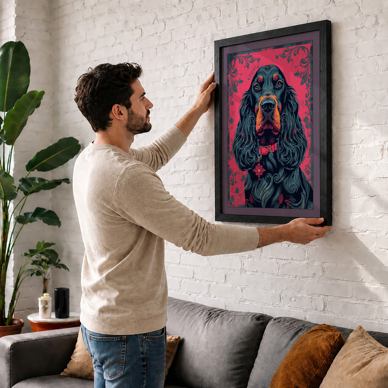 Black Spaniel Portrait Modern - Framed Print, A4 - 29.7 x 21.0 cm, Oak