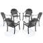 Ensemble de 6 chaises de jardin en aluminium moulé, structure noire et coussins rouges, design traditionnel avec motifs de pétales, revêtement haute température, assise large et épaisse confortable, empilables.