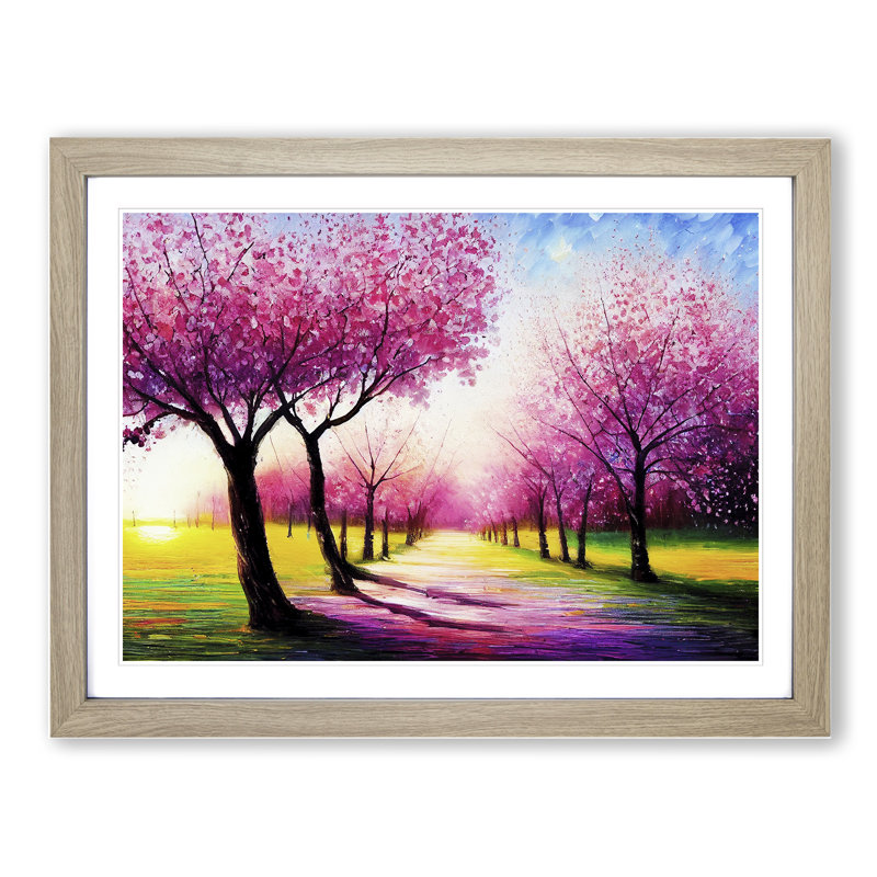 Cherry Blossom Tree Park Vol.2 - Single Picture Frame Painting, 46cm H x 64cm W x 2cm D, Oak