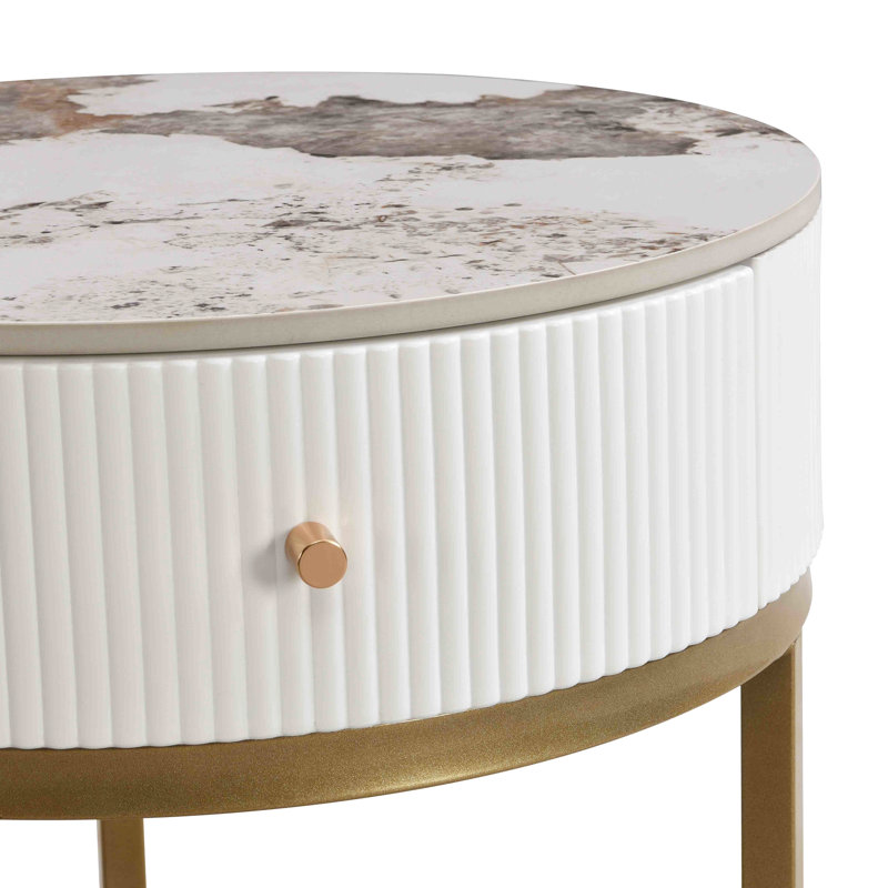Table de chevet ronde avec compartiment de rangement pour la chambre à coucher - Ajout pratique table de luxe et glissade en marbre 19,68 pouces