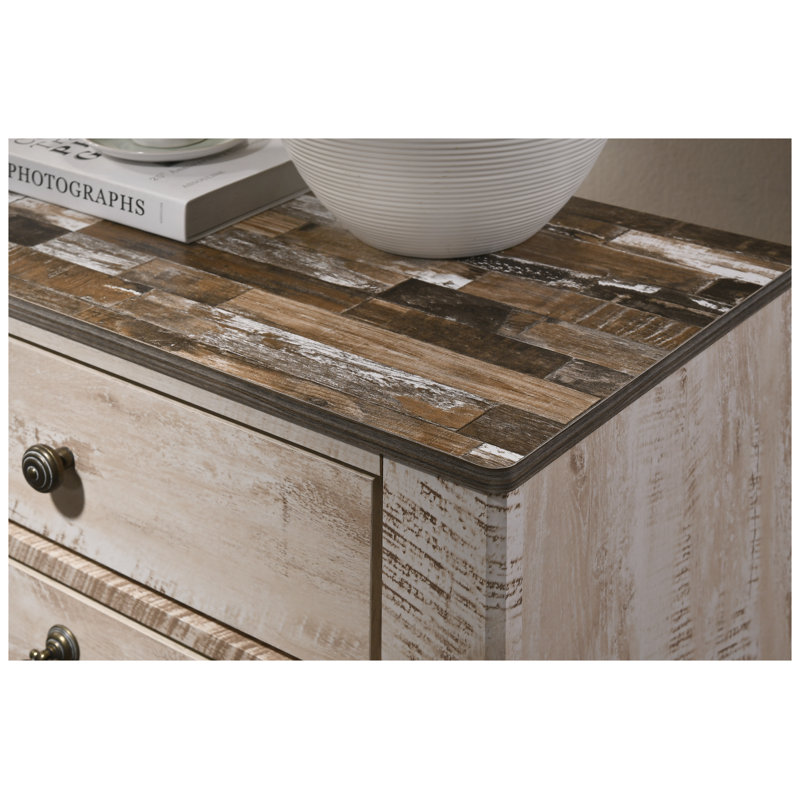 Commode à 5 tiroirs avec plateau en bois patiné, finition blanche délavée Imerland Imerland