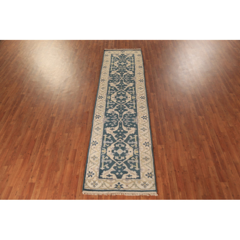 Tapis de couloir oriental fait à la main bleu sarcelle Oushak 3 x 10