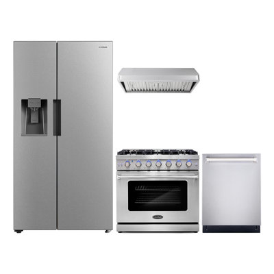 Ensemble de cuisine 4 pièces avec réfrigérateur côte à côte et cuisinière à gaz autoportante 36 po