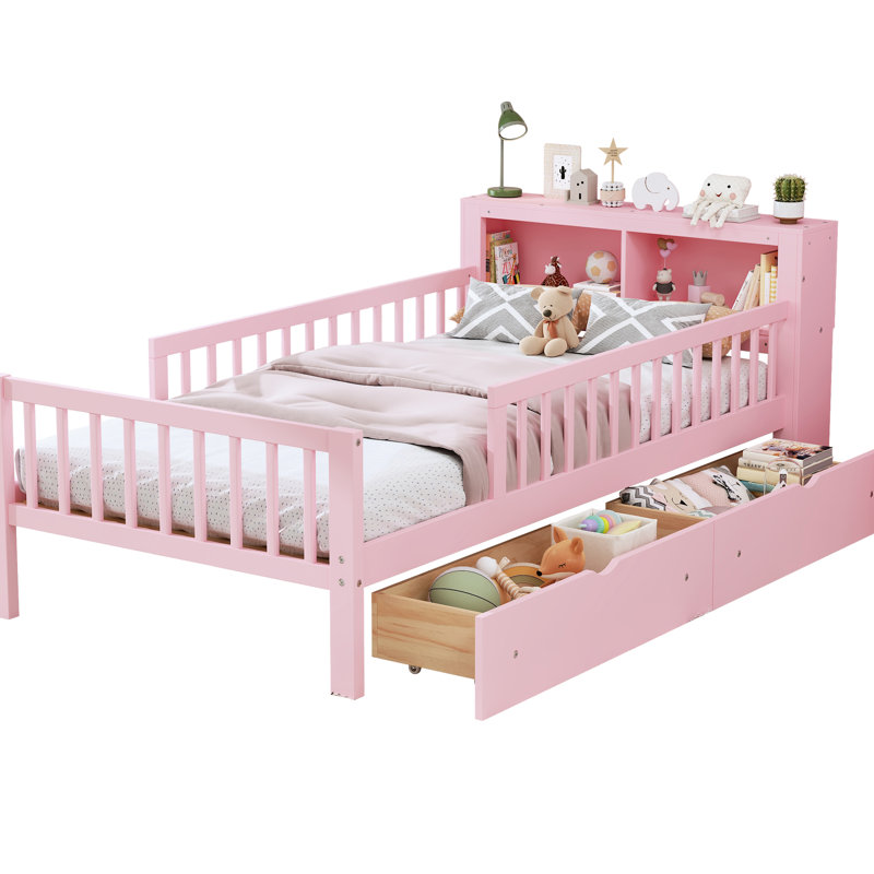 Lit simple rose avec garde-corps stables et tiroirs de rangement pratiques et spacieux, Pink