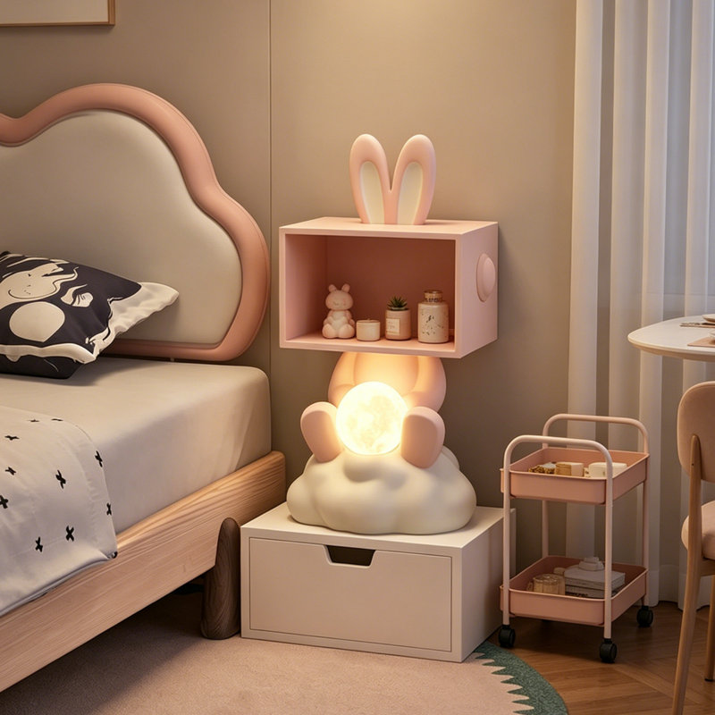 Mignonne table de chevet pour enfants en forme de lapin avec lampe intégrée et tablette de rangement, table de chevet rose avec tiroir et veilleuse lune pour la chambre à coucher