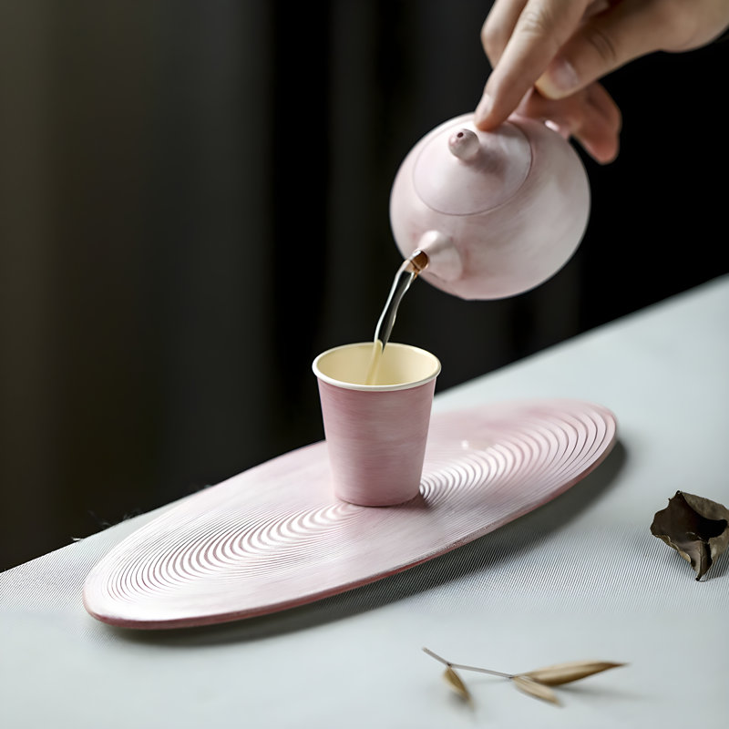 Cherry Blossom Powder Coarse Pottery Dry Tea Tray | Elliptical Minimalist Tea Table Tray | Essential For Retro Small Tea Space