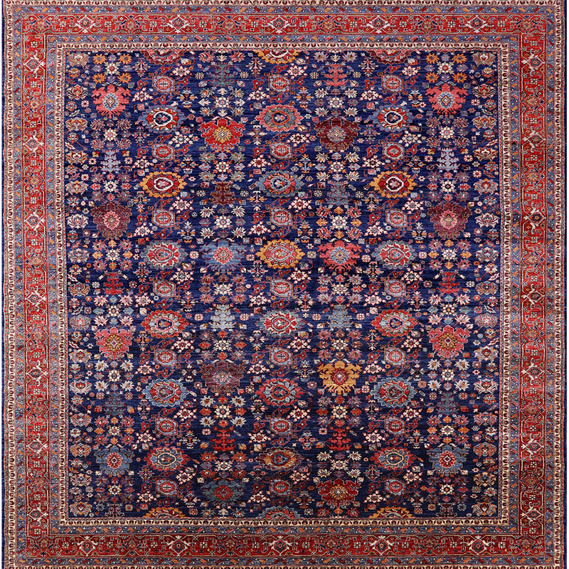 Tapis oriental bleu / rouge, Carré 4 pi