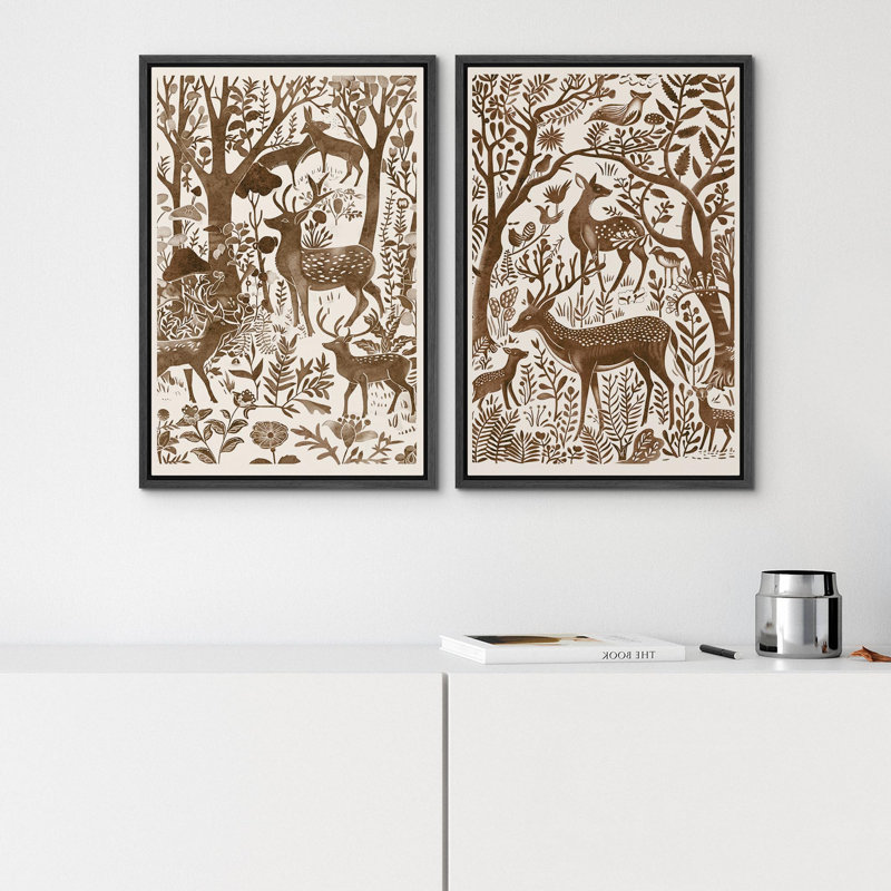 Aquarelle, cerf brun dans la forêt, art mural botanique rustique, impression sur toile encadrée 2 pièces, Cadre noir