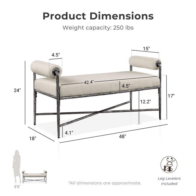 Lalia Modern Hammered Metal 48" Accent Bench, Matte Gray