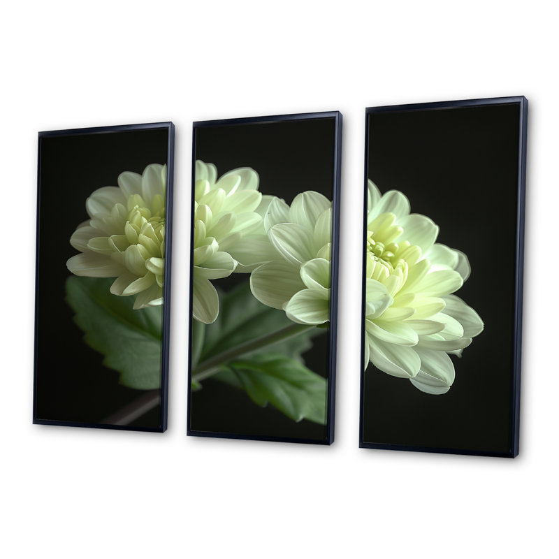 «Green Monicolom Mums Flowers Bouquet» - ensemble de salon d'art mural Mums, Toile avec cadre flottant noir