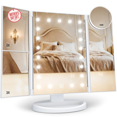 Trifold Lighted Makeup Mirror With 2X/3X/10X Magnification & Dual Power Supply