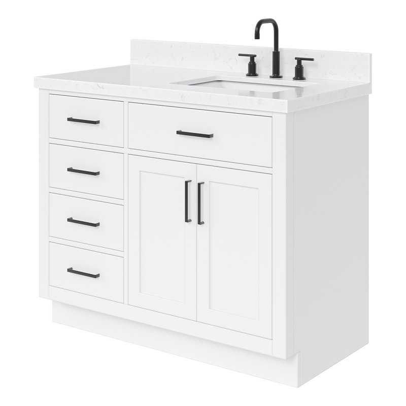 Meuble-lavabo simple en bois massif 42 po Tidworth avec plateau en quartz Carrara de 1,5 po, Blanc, Forme rectangulaire, Oui