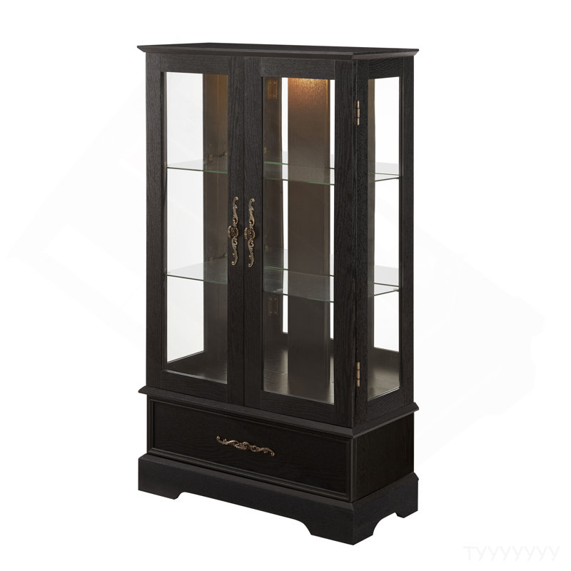 Lighted Glass Curio Cabinet With Adjustable Shelves - Elegant 2-Door Display Cabinet & Built-In Drawer, Includes Bulb - Black