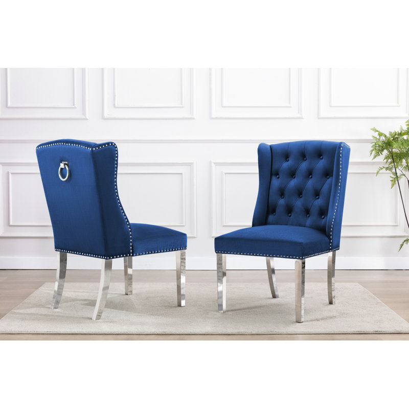 Manawa 19'' H Tufted Velvet Upholstered Side Chair, Silver, Navy Blue