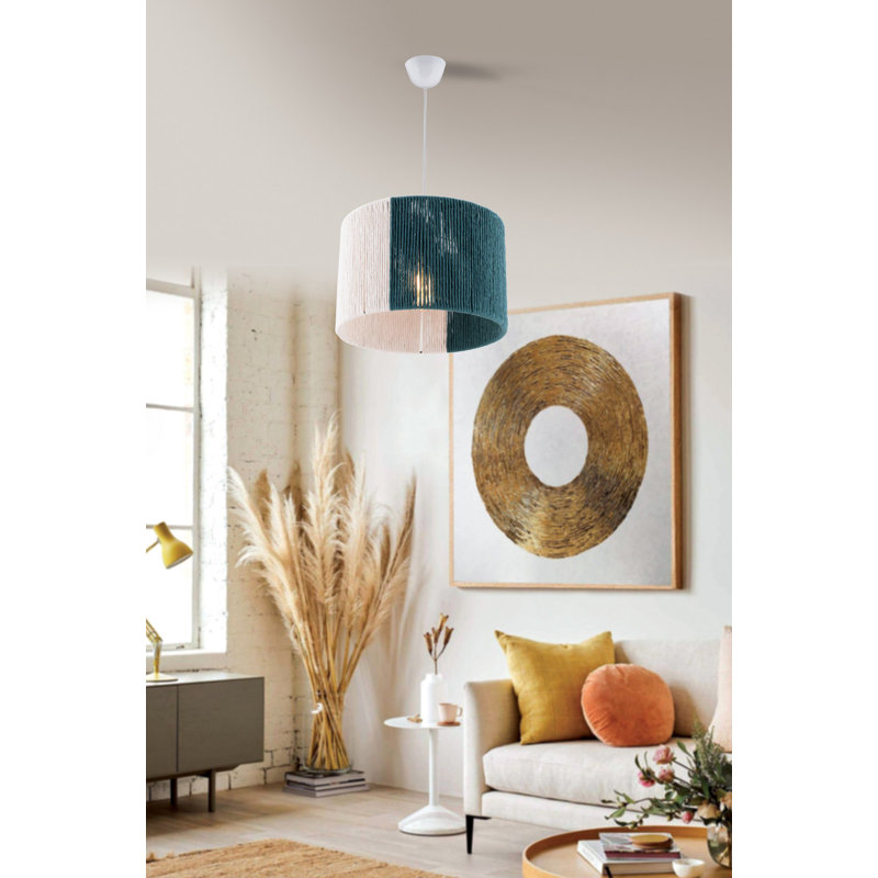 Élégant lustre en métal avec capuchon en jute, vert et blanc, 23,6 x 23,6 x 7,9 pouces | Câble réglable, douille E27 (40 W maximum) | Certifié CE | Parfait pour éclairer le salon, la salle à manger et l'entrée