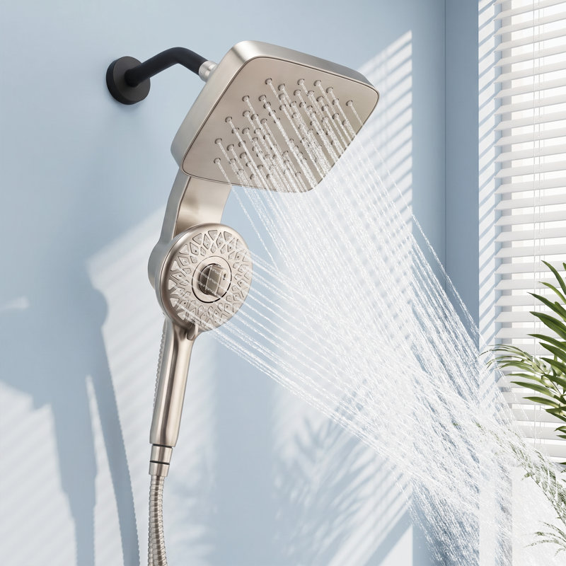 Spa-Style Dual Shower Head System With Magnetic Handheld Dock, Rainfall Shower Head & 5-Spray Handheld, 3-Way Diverter, Adjustable Angle, Tool-Free Installation