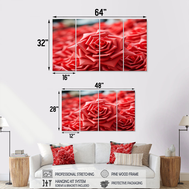 «Red Floral Rhythmic Radiance» - art mural abstrait géométrique 4 pièces pour le salon, H 28 po x l 48 po