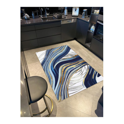 Blue Patterned Woven Base and Washable Rug