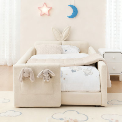 Twin Size Upholstered Platform Bed with Cute Rabbit Ear Shaped Headboard, with Safety Rail and Pocket, Boucle Fabric