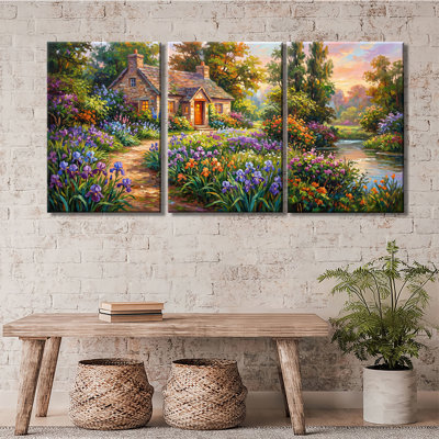 Country Stone Cottage Floral Garden Oil Painting - Canvas Prints Set Of 3