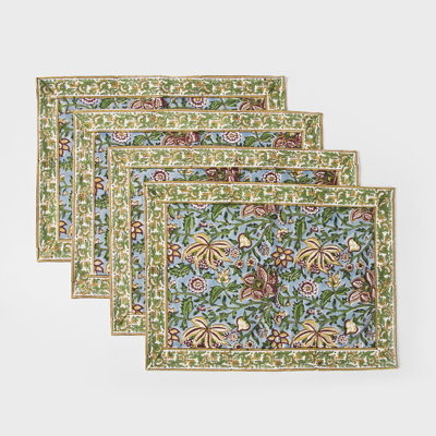  Ensemble de 4 napperons en coton imprimés à la main 13 x 18 pouces, vert et bleu