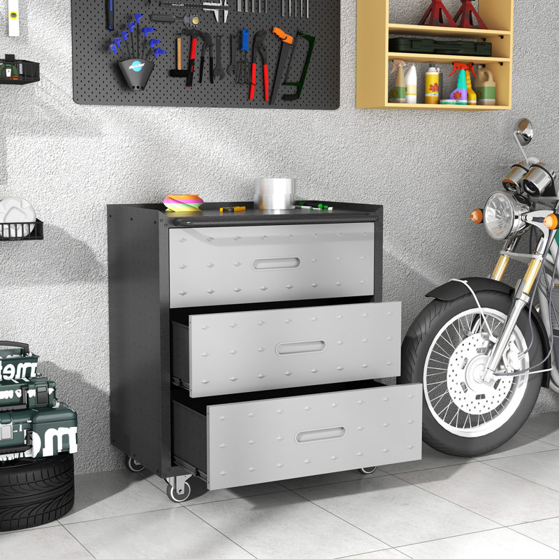 Metal 3 Drawer Storage Cabinet With Wheels - Heavy-Duty Organizer For Garage, Office, Home. Black And Gray. 30.33"W X 17.01"D 34.89"H. Construction. 360 Movable Wheels. Ample Compartments.