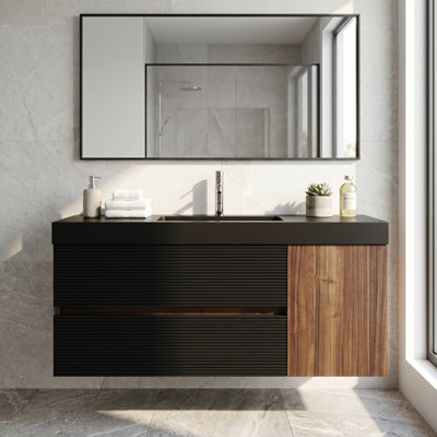 48inch Walnut Bathroom Vanity with Matt Black Engineered Solid Surface Sink and Soft Black Drawers & A Door