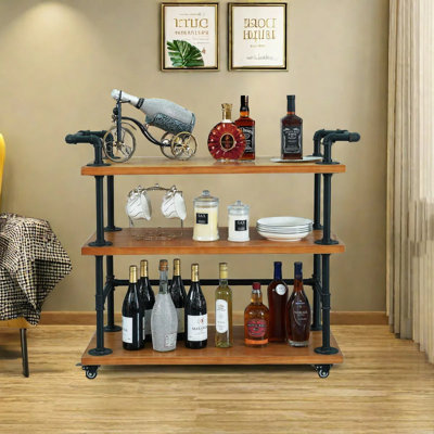 Chariot de service mobile à 3 niveaux avec chariot de rangement, porte-bouteilles de vin et chariot à roulettes en métal de style rétro avec poignées pour la maison, la cuisine, le salon et la salle à manger